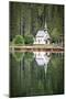 Green forest and chapel perfectly reflected in Lake Braies (Pragser Wildsee)-Roberto Moiola-Mounted Photographic Print