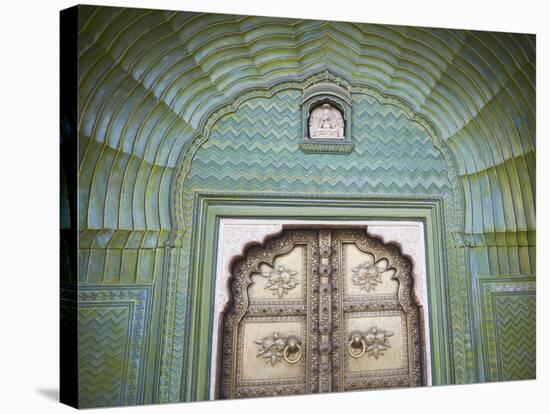 Green Gate in Pitam Niwas Chowk, City Palace, Jaipur, Rajasthan, India-Ian Trower-Stretched Canvas