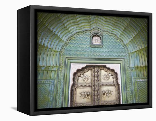 Green Gate in Pitam Niwas Chowk, City Palace, Jaipur, Rajasthan, India-Ian Trower-Framed Stretched Canvas