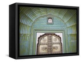 Green Gate in Pitam Niwas Chowk, City Palace, Jaipur, Rajasthan, India-Ian Trower-Framed Stretched Canvas