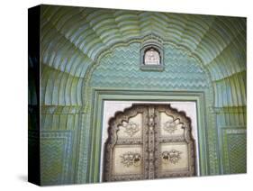 Green Gate in Pitam Niwas Chowk, City Palace, Jaipur, Rajasthan, India-Ian Trower-Stretched Canvas