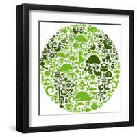 Green Globe Outline Made From Birds, Animals And Flowers Icons-Marish-Framed Art Print