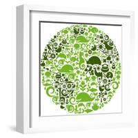 Green Globe Outline Made From Birds, Animals And Flowers Icons-Marish-Framed Art Print