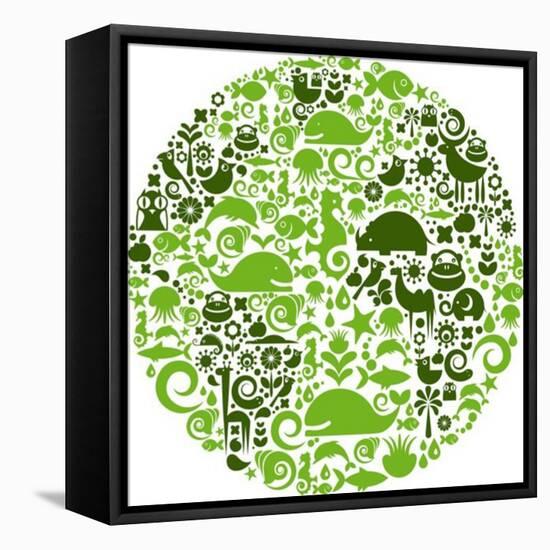 Green Globe Outline Made From Birds, Animals And Flowers Icons-Marish-Framed Stretched Canvas