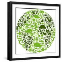 Green Globe Outline Made From Birds, Animals And Flowers Icons-Marish-Framed Art Print