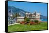 Green Grass with Flowers on Promenade and Medieval Fortress in Menton, France.-rglinsky-Framed Stretched Canvas