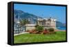 Green Grass with Flowers on Promenade and Medieval Fortress in Menton, France.-rglinsky-Framed Stretched Canvas