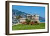 Green Grass with Flowers on Promenade and Medieval Fortress in Menton, France.-rglinsky-Framed Photographic Print