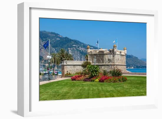 Green Grass with Flowers on Promenade and Medieval Fortress in Menton, France.-rglinsky-Framed Photographic Print