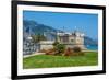 Green Grass with Flowers on Promenade and Medieval Fortress in Menton, France.-rglinsky-Framed Photographic Print