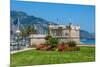 Green Grass with Flowers on Promenade and Medieval Fortress in Menton, France.-rglinsky-Mounted Photographic Print