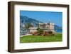 Green Grass with Flowers on Promenade and Medieval Fortress in Menton, France.-rglinsky-Framed Photographic Print