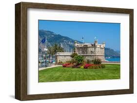 Green Grass with Flowers on Promenade and Medieval Fortress in Menton, France.-rglinsky-Framed Photographic Print