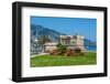 Green Grass with Flowers on Promenade and Medieval Fortress in Menton, France.-rglinsky-Framed Photographic Print