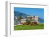 Green Grass with Flowers on Promenade and Medieval Fortress in Menton, France.-rglinsky-Framed Photographic Print