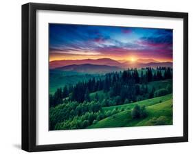 Green Hills Glowing by Warm Sunlight at Twilight. Dramatic Scene. Colorful Sky, Red Clouds. Carpath-Leonid Tit-Framed Premium Photographic Print