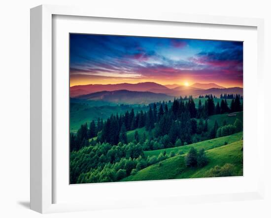 Green Hills Glowing by Warm Sunlight at Twilight. Dramatic Scene. Colorful Sky, Red Clouds. Carpath-Leonid Tit-Framed Premium Photographic Print