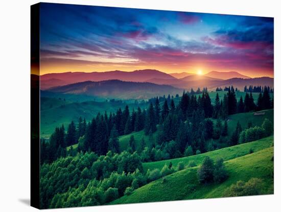 Green Hills Glowing by Warm Sunlight at Twilight. Dramatic Scene. Colorful Sky, Red Clouds. Carpath-Leonid Tit-Stretched Canvas