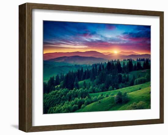 Green Hills Glowing by Warm Sunlight at Twilight. Dramatic Scene. Colorful Sky, Red Clouds. Carpath-Leonid Tit-Framed Photographic Print