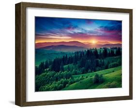 Green Hills Glowing by Warm Sunlight at Twilight. Dramatic Scene. Colorful Sky, Red Clouds. Carpath-Leonid Tit-Framed Photographic Print