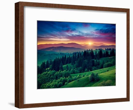 Green Hills Glowing by Warm Sunlight at Twilight. Dramatic Scene. Colorful Sky, Red Clouds. Carpath-Leonid Tit-Framed Photographic Print