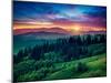 Green Hills Glowing by Warm Sunlight at Twilight. Dramatic Scene. Colorful Sky, Red Clouds. Carpath-Leonid Tit-Mounted Photographic Print