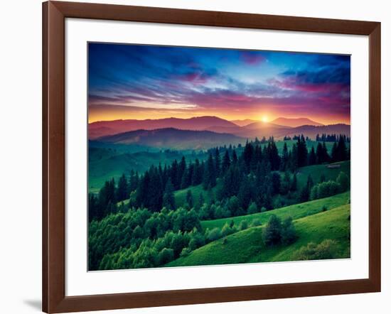 Green Hills Glowing by Warm Sunlight at Twilight. Dramatic Scene. Colorful Sky, Red Clouds. Carpath-Leonid Tit-Framed Photographic Print