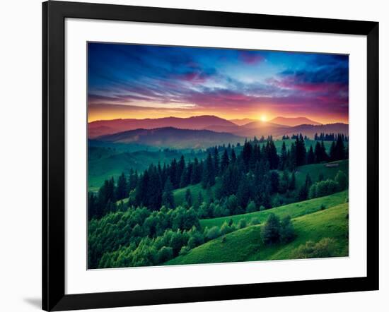 Green Hills Glowing by Warm Sunlight at Twilight. Dramatic Scene. Colorful Sky, Red Clouds. Carpath-Leonid Tit-Framed Photographic Print