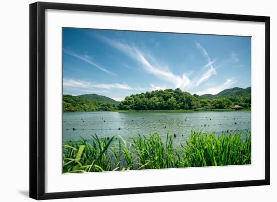 Green Landscape with Lake and Lush Hills in Hangzhou, Zhejiang, China-Andreas Brandl-Framed Photographic Print