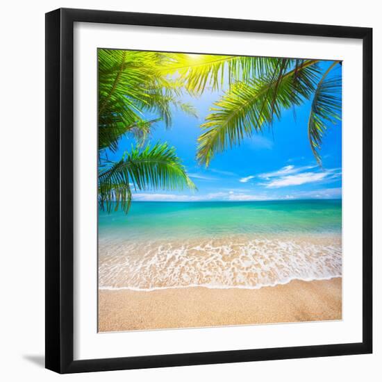 Green Leaves of Palm Tree and Tropical Beach-Aleksandr Ozerov-Framed Photographic Print