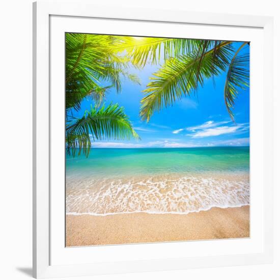 Green Leaves of Palm Tree and Tropical Beach-Aleksandr Ozerov-Framed Photographic Print