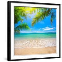 Green Leaves of Palm Tree and Tropical Beach-Aleksandr Ozerov-Framed Premium Photographic Print