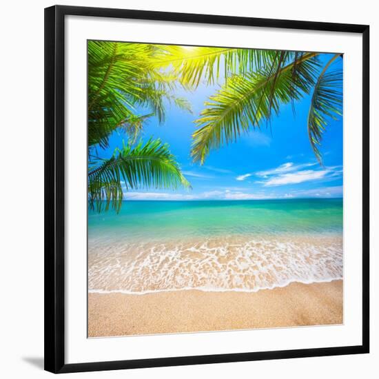 Green Leaves of Palm Tree and Tropical Beach-Aleksandr Ozerov-Framed Premium Photographic Print