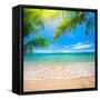 Green Leaves of Palm Tree and Tropical Beach-Aleksandr Ozerov-Framed Stretched Canvas