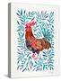 Green Leaves Rooster-Cat Coquillette-Stretched Canvas