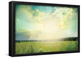 Green Meadow Under Blue Sky With Clouds-null-Framed Poster