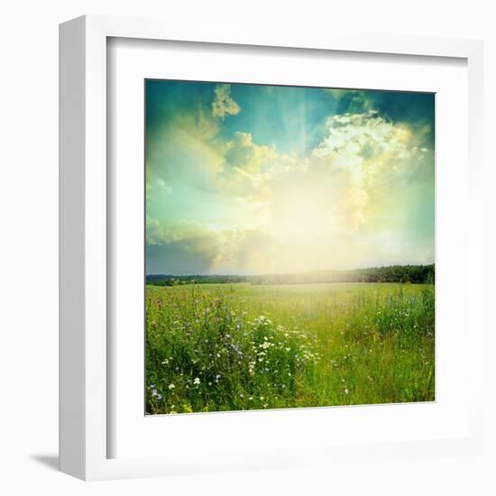 Green Meadow Under Blue Sky With Clouds-Volokhatiuk-Framed Art Print