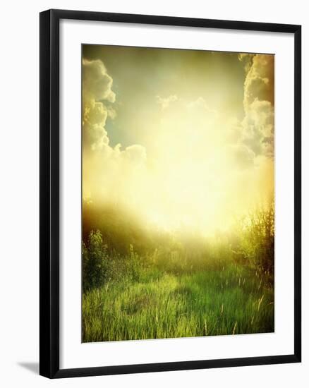 Green Meadow under Blue Sky with Clouds-Volokhatiuk-Framed Art Print