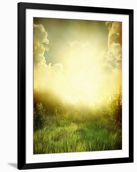 Green Meadow under Blue Sky with Clouds-Volokhatiuk-Framed Art Print