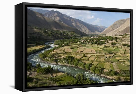 Green of irrigated fields contrast with arid hills, farmers ingenuity in dry landscape, Afghanistan-Alex Treadway-Framed Stretched Canvas