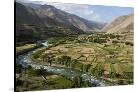 Green of irrigated fields contrast with arid hills, farmers ingenuity in dry landscape, Afghanistan-Alex Treadway-Stretched Canvas