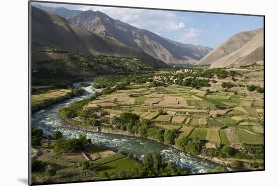 Green of irrigated fields contrast with arid hills, farmers ingenuity in dry landscape, Afghanistan-Alex Treadway-Mounted Premium Photographic Print