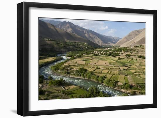 Green of irrigated fields contrast with arid hills, farmers ingenuity in dry landscape, Afghanistan-Alex Treadway-Framed Photographic Print