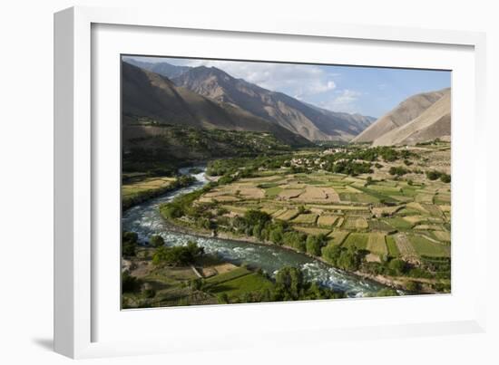 Green of irrigated fields contrast with arid hills, farmers ingenuity in dry landscape, Afghanistan-Alex Treadway-Framed Photographic Print