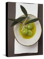 Green Olives on Twig in Bowl of Olive Oil-null-Stretched Canvas