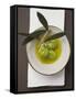 Green Olives on Twig in Bowl of Olive Oil-null-Framed Stretched Canvas