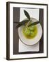 Green Olives on Twig in Bowl of Olive Oil-null-Framed Photographic Print