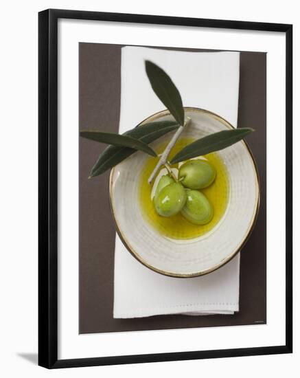 Green Olives on Twig in Bowl of Olive Oil-null-Framed Photographic Print