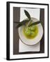 Green Olives on Twig in Bowl of Olive Oil-null-Framed Photographic Print