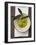 Green Olives on Twig in Bowl of Olive Oil-null-Framed Photographic Print